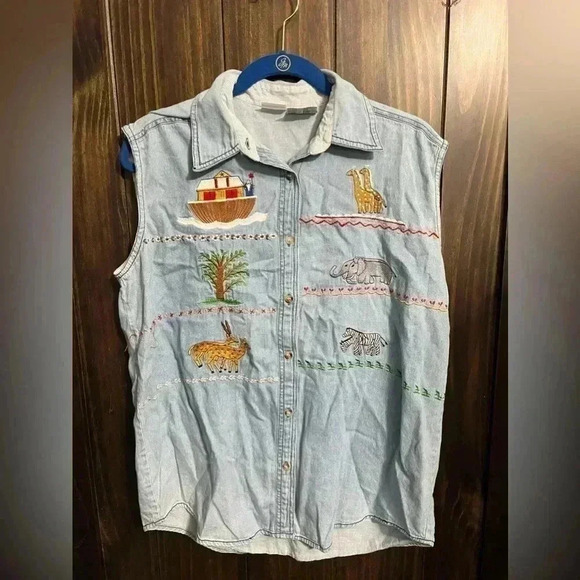 American Vintage Jackets & Blazers - Vintage Denim Animal Embroidered sleeveless shirt Size:XL